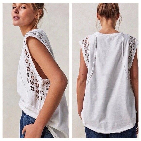Free People Table For Two Tee Shirt Top Small White Womens Lace Trim oversized - Picture 1 of 10